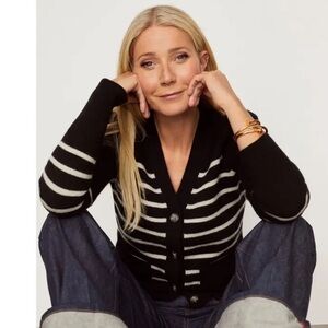 NWOT G. LABEL BY GOOP Kirstie Striped Puff-Sleeve Cardigan Sweater Black Ivory S